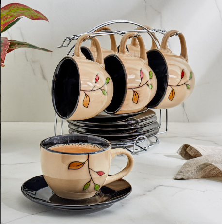 Caraway Set of 6 Stoneware Cups and Saucers with Stand – 220ml