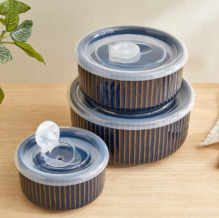 Caraway Somber Set of 3 Stoneware Striped Bowls with Vented Lid